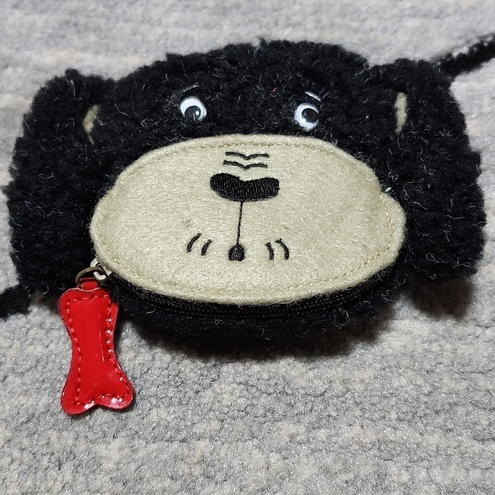 VINTAGE SHERPA DOG RED FAUX-LEATHER DOG BONE ZIP-CHARM COIN POUCH KEYCHAIN
